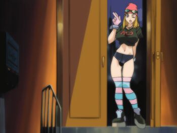 1girl ;d angel_blade animated animated_gif anime_screenshot armlet beanie blonde_hair blue_eyes blue_thighhighs bouncing_breasts bracelet breasts buruma clothes_writing cloud cloudy_sky crop_top curvy door doorway gem gloves goggles goggles_on_head grin hat hishizaki_shaia_(angel_blade) huge_filesize jewelry large_breasts long_hair midriff narrow_waist navel necklace night night_sky no_panties one_eye_closed oobari_masami open_mouth pink_thighhighs resized ryona shiny_clothes shiny_skin shirt short_shorts shorts sidelocks sky smile stairs standing striped_clothes striped_thighhighs t-shirt taut_clothes taut_shirt thighhighs thighs upscaled upshorts walking wide_hips wink