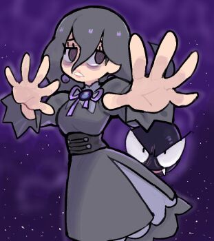 Rule 34 | 1girl, 1her0, @ @, bags under eyes, black dress, black hair, corset, dress, earrings, fangs, feet out of frame, full body, furrowed brow, gastly, gen 1 pokemon, hair between eyes, hands up, hex maniac (pokemon), hex maniac (pokemon legends: z-a), jewelry, juliet sleeves, long hair, long sleeves, neck ribbon, nintendo, open hands, open mouth, outstretched arms, pokemon, pokemon (creature), pokemon legends: z-a, puffy sleeves, purple eyes, purple ribbon, ribbon, smile, space, sphere earrings, star (sky), starry sky background, v-shaped eyes