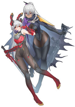 absurdres animal_ears bare_shoulders black_bodysuit bodysuit breasts cleavage cloak fake_animal_ears girls&#039;_frontline girls&#039;_frontline_2:_exilium gluteal_fold grey_hair gun highres holding holding_gun holding_sword holding_weapon knee_pads krolik_(girls&#039;_frontline_2) large_breasts long_hair looking_at_viewer lord-erica nemesis_(girls&#039;_frontline_2) ponytail purple_eyes rabbit_ears red_eyes skin_tight small_breasts sword thigh_gap very_long_hair weapon white_background