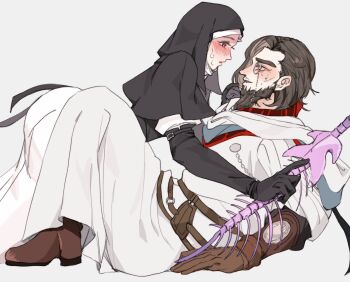 1boy 1girl belt belt_pouch black_capelet black_hood blush bone boots brown_boots brown_gloves buckle capelet coif commentary_request elbow_gloves elden_ring elden_ring_nightreign from_side gloves hetero highres holding holding_polearm holding_weapon looking_at_another monocle nun orange_eyes parted_lips polearm pouch robe scholar_(elden_ring) sweat undertaker_(elden_ring) weapon white_coif white_robe zunkome