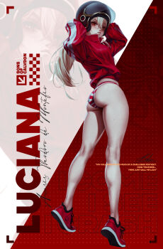 1girl absurdres ass bekus blonde_hair from_behind helmet highres jacket long_hair looking_at_viewer luciana_de_montefio panties red_eyes red_jacket red_panties shoes skindentation sneakers solo standing striped_clothes striped_panties underwear very_long_hair zenless_zone_zero