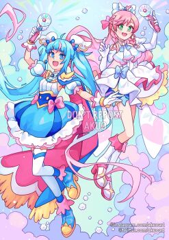 Rule 34 | 2girls, :d, ahoge, akuo, ankle boots, arm bow, arm up, artist name, ascot, asymmetrical bangs, bare shoulders, blue background, blue boots, blue bow, blue cape, blue dress, blue eyes, blush, boots, bow, braid, breasts, brooch, cape, cloud, cloud background, colored petticoat, colored shoe soles, commentary, cure prism, cure sky, curled fingers, cut bangs, detached sleeves, diagonal bangs, dress, dress bow, earclip, earrings, elbow gloves, english commentary, frills, fringe-trimmed cape, fringe trim, full body, gloves, gradient hair, hair bow, hair ornament, hair ribbon, half up braid, halter dress, halterneck, heart, heart ahoge, high heel boots, high heels, hirogaru sky! precure, holding, instagram username, jewelry, leg up, lips, long hair, looking at viewer, magical girl, medium dress, multicolored hair, multiple girls, nijigaoka mashiro, open mouth, outstretched arm, petticoat, pink bow, pink hair, pink ribbon, precure, puffy detached sleeves, puffy sleeves, red cape, ribbon, round teeth, side braids, single earring, single hair streak, single sidelock, sky mirage, sleeveless, sleeveless dress, small breasts, smile, sora harewataru, sphere earrings, streaked hair, swept bangs, teeth, thighhighs, twintails, twitter username, two-sided cape, two-sided fabric, two-tone hair, upper teeth only, very long hair, watermark, white ascot, white boots, white bow, white dress, white gloves, white thighhighs, wing brooch, wing hair ornament, zettai ryouiki