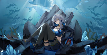 1girl absurdres black_boots black_jacket black_pantyhose black_thighhighs blue_bra blue_hair boots bra breasts chinese_commentary closed_mouth colored_inner_hair commentary_request cropped_jacket galbrena_(wuthering_waves) gold_choker grey_hair high_heel_boots high_heels highres jacket ke_zhuo_yu large_breasts multicolored_hair pantyhose purple_eyes sidelocks single_leg_pantyhose single_thighhigh solo thigh_strap thighhighs underwear wuthering_waves