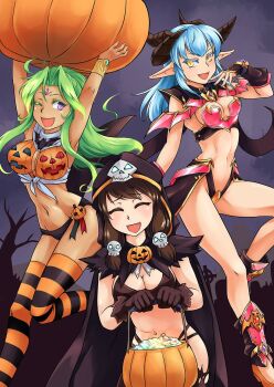 3girls artist_self-insert bikini blue_hair breasts brown_hair candy cleavage closed_eyes demon_girl fangs food graveyard green_hair halloween highres hood horns jack-o'-lantern large_breasts long_hair medium_breasts multiple_girls nam_(valckiry) one_eye_closed original pointy_ears pumpkin purple_eyes smile swimsuit yellow_eyes