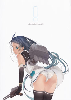 Rule 34 | 1girl, absurdres, ahoge, black thighhighs, blue eyes, blue hair, blush, branch (blackrabbits), cannon, elbow gloves, gloves, gradient hair, highres, kantai collection, leaning forward, long hair, looking at viewer, looking back, multicolored hair, open mouth, panties, pantyshot, rigging, sailor collar, samidare (kancolle), scan, school uniform, serafuku, ship turret, shirt, sleeveless, sleeveless shirt, solo, standing, swept bangs, thighhighs, underwear, very long hair, white panties, white serafuku