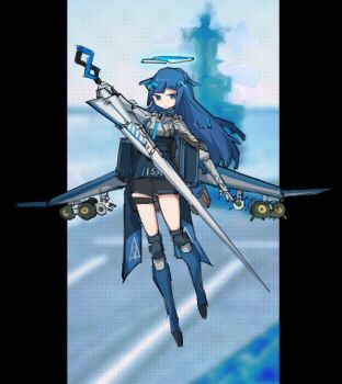 ace_combat aqua_halo blue_eyes blue_hair bomb explosive f-4_phantom_ii frider halo highres holding holding_sword holding_weapon knee_pads kneehighs long_hair mecha_musume mobius_1 personification pillarboxed short_shorts shorts socks sword tachi-e weapon wings