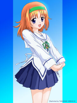 Rule 34 | 1girl, amakase miharu, artist name, back ribbon, bad id, blue background, blue eyes, blue skirt, cowboy shot, da capo, da capo i, dated, green hairband, green ribbon, hairband, interlocked fingers, jewelry, long hair, looking at viewer, necklace, open mouth, orange hair, outstretched arms, own hands together, pleated skirt, ribbon, sailor collar, school uniform, serafuku, shirt, skirt, smile, solo, standing, stretching, takachan, white ribbon, white sailor collar, white shirt