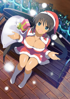 1girl :d ahoge bench bikini_tan black_hair blush body_blush boots box breasts brick_floor bush capelet christmas christmas_lights christmas_present cleavage collarbone dark-skinned_female dark_skin dress fence from_above fur-trimmed_dress fur-trimmed_headwear fur_trim gift gift_box green_eyes hat high_ponytail homura_(senran_kagura) large_breasts long_hair looking_at_viewer official_art open_mouth outstretched_arms park_bench ponytail red_capelet red_dress sack santa_costume santa_dress santa_hat senran_kagura senran_kagura_new_wave senran_kagura_shoujo-tachi_no_shin'ei shiny_skin short_dress sitting smile snow snowing solo spread_arms tan tanline very_long_hair white_boots wooden_fence