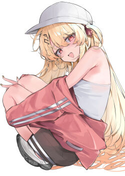 1girl alternate_costume appleseed_(appleseed_art) bare_shoulders black_shorts blonde_hair commentary_request dot_nose fang fortissimo from_side gradient_hair hair_between_eyes hair_ornament hat highres hololive hugging_own_legs jacket light_blush long_hair long_sleeves multicolored_hair musical_note musical_note_hair_ornament nail_polish orange_eyes otonose_kanade red_jacket shoes shorts sneakers solo v virtual_youtuber white_hat yellow_nails