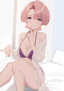 1girl absurdres arimura_mao bedroom bikini blurry blurry_background breasts collarbone etsutsuni fingernails gakuen_idolmaster grin highres idolmaster indoors large_breasts long_sleeves looking_at_viewer medium_hair open_clothes open_shirt parted_bangs pink_hair pink_nails purple_bikini purple_eyes see-through_clothes see-through_shirt shirt side-tie_bikini_bottom sitting smile solo swimsuit thighs v white_shirt