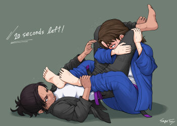 2girls barefoot black_hair brown_hair catfight feet fighting martial_arts multiple_girls original sage_tory sweat tagme triangle_choke