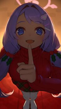 Rule 34 | 1girl, arm behind back, backlighting, blue archive, blue eyes, breasts, commentary request, fang, finger to mouth, full body, hair ornament, hairclip, halo, hanae (blue archive), hanae (christmas) (blue archive), heart, heart hair ornament, highres, index finger raised, large breasts, long hair, long sleeves, looking at viewer, low twintails, mistletoe hair ornament, open mouth, pantyhose, pink halo, plaid clothes, plaid skirt, purple hair, red skirt, red sweater, ribbed sweater, shushing, skin fang, skirt, smile, solo, sweater, turtleneck, turtleneck sweater, twintails, white pantyhose, yohia