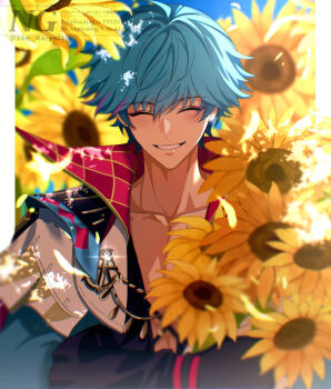 Rule 34 | 1boy, anchor ornament, blue hair, blue shirt, brant (wuthering waves), closed eyes, collarbone, commentary, day, facing viewer, flower, highres, holding, holding flower, long sleeves, male focus, multicolored hair, open clothes, open shirt, outdoors, parted lips, sae naiyatsu, shirt, short hair, smile, solo, streaked hair, sunflower, symbol-only commentary, upper body, watermark, wuthering waves