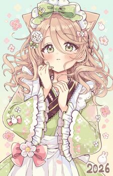 1girl 2026 animal_ear_fluff animal_ears apron blush bow braid brown_hair cat_ears commentary_request frilled_sleeves frills green_bow green_eyes green_kimono hair_between_eyes hair_bow highres japanese_clothes kimono long_hair long_sleeves looking_at_viewer original parted_lips pink_bow sakura_oriko solo upper_body white_apron wide_sleeves