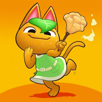 1girl angusburgers animal_crossing animal_ears cat cat_ears cat_tail claws commentary dress dust duster english_commentary food food-themed_creature fruit green_dress highres holding holding_duster leaf leaf_on_head nintendo orange_(fruit) orange_background orange_fur tail tangy_(animal_crossing)