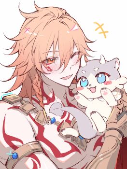 Rule 34 | 1boy, arm tattoo, armlet, blonde hair, blush, braid, chest tattoo, chimera (honkai: star rail), clawed gauntlets, creature, earrings, facial tattoo, gold earrings, gold necklace, gradient hair, highres, holding, holding creature, honkai: star rail, honkai (series), jewelry, male focus, medium hair, multicolored hair, mydei (honkai: star rail), necklace, one eye closed, phainon (honkai: star rail), phainon (vigethos) (honkai: star rail), red hair, red tattoo, side braid, solo, tattoo, topless male, wa tian (jtym4), white background, yellow eyes