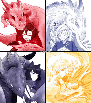 4girls 4others animal_ears blake_belladonna braid braided_ponytail cat_ears chinese_zodiac claws dragon dragon_horns eastern_dragon fangs feathers highres horns kyrus_hiki long_hair multiple_girls multiple_others one_eye_closed ruby_rose rwby scar scar_across_eye scar_on_face scarf sharp_teeth short_hair smile spines tail talons teeth weiss_schnee whiskers wings yang_xiao_long year_of_the_dragon