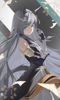 1girl absurdres animal_ears bare_shoulders blunt_bangs cai_ji_(user_jmrv4342) chinese_commentary chrono_genesis_(prismatic_curator)_(umamusume) chrono_genesis_(umamusume) closed_mouth commentary detached_sleeves dress fingerless_gloves gloves grey_eyes grey_hair highres horse_ears horse_girl horse_tail long_hair looking_at_viewer solo tail umamusume very_long_hair watermark