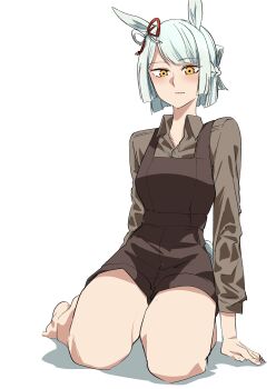 Rule 34 | 1girl, absurdres, animal ears, arm support, barefoot, black overalls, bob cut, bow, braid, closed mouth, commentary, crown braid, ear ribbon, expressionless, fujimasa march (umamusume), full body, green eyes, grey shirt, half updo, highres, horse ears, horse girl, kakuteru sudachi, leaning to the side, looking at viewer, overall shorts, overalls, red ribbon, ribbon, seiza, shadow, shirt, short hair, simple background, sitting, solo, umamusume, umamusume: cinderella gray, white background, yellow eyes