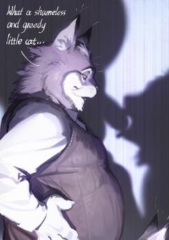 2boys 9x8bit absurdres animal_ears belly cat_boy cat_ears claws commentary english_commentary fat father_and_son fellatio from_side furry furry_male hand_on_own_hip highres incest looking_down male_focus milton_lynxley multiple_boys open_mouth oral pawbert_lynxley penis profile shadow shirt sleeveless sleeveless_sweater sweater upper_body whiskers white_shirt yaoi zootopia