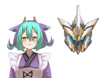 Rule 34 | 1girl, :3, apron, blue hair, blue kimono, character request, closed mouth, commentary request, dragon girl, dragon horns, duel monster, highres, horns, howluna, japanese clothes, kimono, laundry dragonmaid, maid, maid headdress, simple background, upper body, wa maid, white apron, white background, yellow eyes, yu-gi-oh!