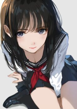 1girl between_legs black_hair breasts caidychen cleavage grey_eyes hand_between_legs on_floor on_ground school_uniform thighs