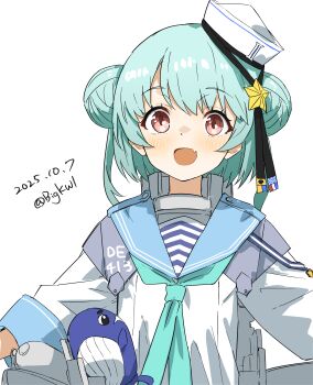 1girl absurdres aqua_hair aqua_neckerchief bigkwl dated dixie_cup_hat double_bun fang hair_bun hat highres kantai_collection little_blue_whale_(kancolle) long_sleeves military_hat navy_cross neckerchief open_mouth red_eyes samuel_b._roberts_(kancolle) short_hair upper_body whale