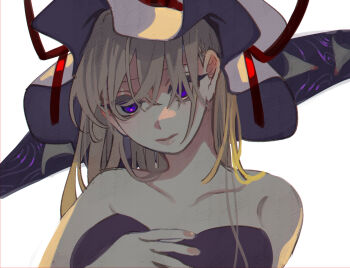 1girl alternate_costume bare_shoulders blonde_hair closed_mouth collarbone commentary_request dress expressionless gap_(touhou) hair_between_eyes hand_on_own_chest hat highres long_hair looking_at_viewer mob_cap off-shoulder_dress off_shoulder purple_dress shi_chimi solo touhou upper_body white_background yakumo_yukari