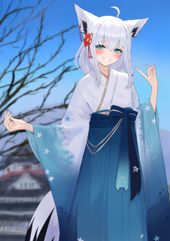 1girl absurdres ahoge animal_ear_fluff animal_ear_piercing animal_ears aqua_eyes blue_hakama blue_kimono blue_skirt blush commentary_request fox_ears fox_girl fox_shadow_puppet fox_tail gradient_clothes gradient_kimono hair_between_eyes hair_ornament hakama hakama_skirt high-waist_skirt highres hololive japanese_clothes kanzashi kimono long_hair long_sleeves looking_at_viewer new_year nisemori obi official_alternate_costume official_alternate_hairstyle open_mouth outdoors pentagram sash shirakami_fubuki shirakami_fubuki_(new_year) skirt smile solo tail very_long_hair white_kimono wide_sleeves