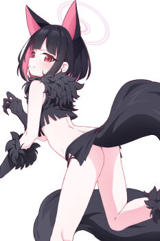 1girl absurdres animal_ears ass back black_claws black_gloves black_hair black_shirt black_skirt black_tail blue_archive blunt_bangs cat_ears cat_girl claws colored_inner_animal_ears colored_inner_hair commentary cropped_shirt extra_ears fake_claws fake_tail feet_out_of_frame from_behind fur-trimmed_gloves fur_scarf fur_sleeves fur_trim gloves grin halloween_costume halo hands_up highres kazusa_(blue_archive) kazusa_(halloween)_(blue_archive) leaning_forward light_blush looking_at_viewer looking_back medium_hair microskirt midriff multicolored_hair needle_(574187457) pink_eyes pink_hair pink_halo shirt sidelocks simple_background skirt sleeveless sleeveless_shirt smile solo standing standing_on_one_leg tail thighs torn_clothes torn_shirt torn_skirt two-tone_hair werewolf_costume white_background