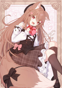 Rule 34 | 1girl, animal ears, box, brown hair, commentary request, hair ornament, hat, heart, heart hair ornament, highres, long hair, open mouth, original, rade (rade 552), red eyes, signature, smile, socks, solo, tail, valentine, wolf ears, wolf girl, wolf tail