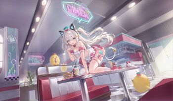 1girl absurdres all_fours animal_ears apron asymmetrical_legwear azur_lane bare_shoulders blue_eyes breasts cat_ears cat_tail detached_collar detached_sleeves fake_animal_ears frilled_apron frills full_body grey_hair hair_ornament hammann_(azur_lane) hammann_ii_(azur_lane) hammann_ii_(hammann's_scrumptious_spells)_(azur_lane) hat highres indoors looking_at_viewer manjuu_(azur_lane) medium_breasts midriff mini_hat navel non-web_source official_alternate_costume official_art open_mouth paw_pose red_shoes red_skirt roller_skates shoes single_sock single_thighhigh skates skindentation skirt smile socks solo strapless tail thigh_strap thighhighs tube_top two_side_up waitress white_apron white_socks white_thighhighs