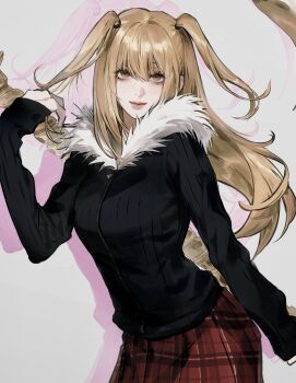 1girl amane_misa black_jacket blonde_hair brown_hair closed_mouth commentary cowboy_shot dang0_23 death_note fur-trimmed_jacket fur_trim hair_between_eyes hand_up highres jacket long_hair looking_at_viewer plaid_clothes plaid_skirt red_skirt skirt sleeves_past_wrists smile solo symbol-only_commentary tongue tongue_out two_side_up