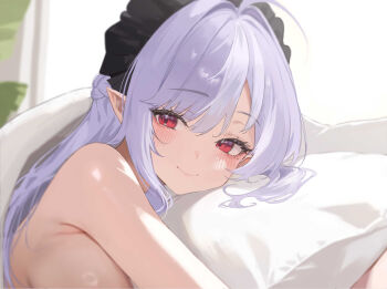 1girl armpit_crease blurry blurry_background blush breasts closed_mouth commentary_request headdress highres hugging_object indoors large_breasts looking_at_viewer mole mole_under_eye on_bed pillow pillow_hug pointy_ears pov_across_bed purple_hair red_eyes revision sihana156 smile solo under_covers vivian_banshee zenless_zone_zero