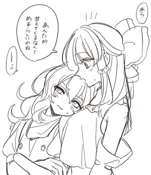 2girls blush bow breasts closed_mouth commentary crossed_arms detached_sleeves frilled_bow frilled_hair_tubes frills greyscale hair_bow hair_tubes hakurei_reimu hashtag-only_commentary highres kirisame_marisa leaning_on_person long_hair monochrome multiple_girls open_mouth oya_(pixiv_102980809) ribbon-trimmed_sleeves ribbon_trim sketch speech_bubble sweatdrop touhou translation_request vest wavy_mouth yuri