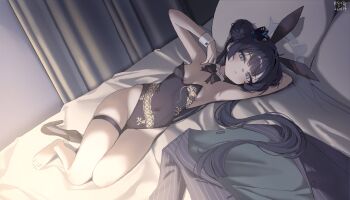 1girl absurdres adapted_costume animal_ear_hairband animal_ears armpits bare_legs bed_sheet black_hair black_leotard blue_archive breasts butterfly_hair_ornament coat commentary covered_navel detached_collar double_bun dragon_print fake_animal_ears hair_bun hair_ornament hairband halo highleg highleg_leotard highres kisaki_(blue_archive) leotard lying myeolchi pillow playboy_bunny rabbit_ear_hairband rabbit_ears small_breasts strapless strapless_leotard symbol-only_commentary thigh_strap white_wrist_cuffs wrist_cuffs