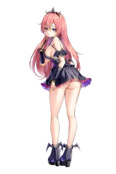 1girl bare_shoulders black_dress black_shoes breasts dress fii_fii_(feefeeowo) from_behind full_body highres holding holding_pen long_hair looking_at_viewer looking_back medium_breasts pen phase_connect pink_hair purple_eyes runie_ruse shoes short_dress sideboob simple_background solo standing tiara underbutt virtual_youtuber white_background
