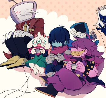 1girl 1other 3boys ant_tenna barefoot black_boots black_hair black_pants blush boots colored_teeth commentary_request controller deltarune game_controller gloves goat_boy grey_gloves grin hair_over_eyes highres holding holding_controller holding_game_controller jacket kris_(dark_world)_(deltarune) kris_(deltarune) lancer_(deltarune) long_hair long_sleeves multiple_boys necktie nikorashi-ka pants playing_games polka_dot polka_dot_background purple_hair purple_pants ralsei red_jacket rouxls_kaard sharp_teeth shoes short_hair sitting smile susie_(dark_world)_(deltarune) susie_(deltarune) teeth television utdr_(toby_fox) white_gloves yellow_background yellow_necktie yellow_shoes yellow_teeth