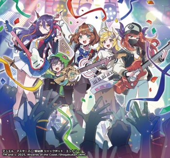 5girls anno_akira anno_syura arm_up audience baseball_cap black_hair black_hat black_mask black_pantyhose black_skirt blonde_hair blue_hair brown_hair brown_skirt closed_eyes closed_mouth concert confetti copyright_notice denim dragon_musume_ni_naritakunai! dress drum drum_set duel_masters fal0811 green_eyes green_hoodie guitar hair_ornament harusaki_eiku hat holding holding_guitar holding_instrument holding_plectrum hood hoodie hoshi_feruki instrument jacket jeans keyboard_(instrument) letterman_jacket long_skirt medium_hair multicolored_hair multicolored_jacket multicolored_shirt multiple_girls music official_art open_clothes open_jacket open_mouth orange_eyes pants pantyhose playing_instrument plectrum print_shirt red_hair ribbed_sweater rudo_thana sharp_teeth shirt skirt smile socks stage_lights standing standing_on_one_leg sweater teeth turtleneck turtleneck_sweater upper_teeth_only white_dress white_socks white_sweater