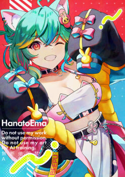 1girl ahoge animal_ear_fluff animal_ear_piercing animal_ears aqua_bow aqua_hair artist_name belt black_belt black_choker black_hair black_jacket bow breasts cat_ears cat_girl chain choker cleavage commentary crop_top eyelashes green_hair grin hair_between_eyes hair_ornament hana_to_ema jacket long_hair midriff multicolored_hair one_eye_closed open_clothes open_jacket orange_eyes pink_bow pink_hair rosedoodle_(vtuber) skirt sleeve_bow sleeves_past_fingers sleeves_past_wrists smile solo streaked_hair teeth vchiban virtual_youtuber white_skirt