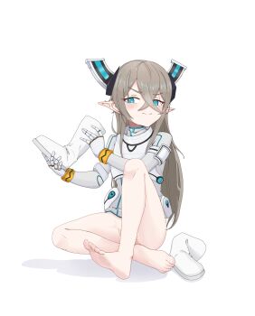 1girl absurdres blue_eyes boots brown_hair feet highres langui_moxia light_blush long_hair original pointy_ears shoes socks soles toes unworn_boots unworn_shoes white_socks