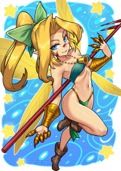 1girl bandeau bell blonde_hair blue_background breasts commentary digimon digimon_(creature) english_commentary facial_mark green_bandeau highres holding holding_polearm holding_weapon jewelry looking_at_viewer medium_breasts medium_hair navel patreon_username pendant polearm ponytail redjet solo star_(symbol) star_symbol_background tinkermon underboob weapon wings yellow_wings