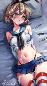 1girl artist_name bandaid bandaid_on_face black_hairband black_neckerchief black_panties blue_sailor_collar blue_skirt brown_eyes cosplay crop_top cum cum_on_body drugged eckert&amp;eich elbow_gloves empty_eyes gloves hairband highleg highleg_panties highres kantai_collection large_syringe light_brown_hair microskirt miniskirt neckerchief oboro_(kancolle) one-hour_drawing_challenge oversized_object panties pillow pleated_skirt sailor_collar shimakaze_(kancolle) shimakaze_(kancolle)_(cosplay) shirt skirt sleeveless sleeveless_shirt solo striped_clothes striped_thighhighs syringe thighhighs twitter_username underwear white_gloves