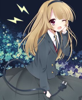 1girl bad_id bad_nicoseiga_id blonde_hair blush fang female_focus hairband kobeni_hijiko kzom long_hair long_sleeves necktie one_eye_closed open_mouth original plug red_eyes solo star_(symbol) tail wink