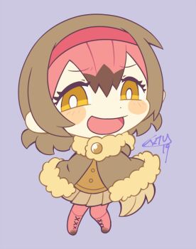 Rule 34 | 1girl, blush stickers, boots, brown hair, cape, chibi, chibi only, commentary request, dodo (kemono friends), extyrannomon, full body, fur-trimmed cape, fur trim, hairband, kemono friends, lace-up boots, multicolored hair, open mouth, pantyhose, pleated skirt, purple background, red hair, short hair, signature, skirt, smile, smug, solo, yellow eyes