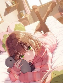 1girl bag bag_charm bed_sheet black_thighhighs brown_hair charm_(object) closed_mouth commentary_request crossed_ankles day drawer dutch_angle feet_up full_body green_eyes highres hugging_object indoors lens_flare long_sleeves looking_at_viewer lying macha0331 on_bed on_stomach original pajamas pillow pink_pajamas school_bag short_hair sleeves_past_wrists smile solo striped_clothes stuffed_animal stuffed_duck stuffed_toy thighhighs window