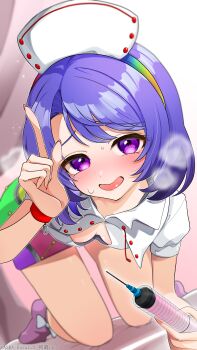1girl absurdres artist_name asaka_haru123 blush commentary_request commission embarrassed highres looking_at_viewer nose_blush nurse open_mouth pixiv_commission purple_eyes short_hair smile solo sweat syringe tenkyuu_chimata thighs touhou unconnected_marketeers