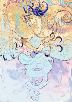 Rule 34 | absurdres, blackberreh-art, blonde hair, blue eyes, claws, colored teeth, commentary, distortion (tma), dragon, dragon horns, dragon tail, eastern dragon, english commentary, highres, horns, michael shelley, monster, no humans, psychedelic, purple teeth, tail, the magnus archives, whiskers