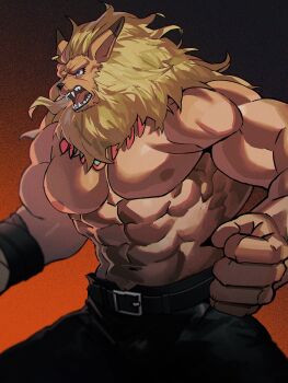 1boy abs animal_ears bara blonde_hair blue_eyes cowboy_shot digimon furry furry_male highres huge_pectorals large_hands leomon lion_boy lion_ears male_focus muscular muscular_male neumo nipples open_mouth short_hair solo standing thick_arms topless_male
