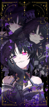 Rule 34 | 1girl, absurdres, bare shoulders, black background, black gloves, black hair, black hat, black kimono, bug, butterfly, butterfly hair ornament, commentary request, cropped torso, gloves, hair ornament, hand on own cheek, hand on own face, hand up, hat, highres, housho margo, insect, japanese clothes, kimono, lolita fashion, long sleeves, looking at viewer, mahou shoujo no majo saiban, mini hat, mini top hat, mkiiiiii, multiple views, open mouth, parted bangs, purple butterfly, purple eyes, short hair, smile, top hat, upper body, wa lolita